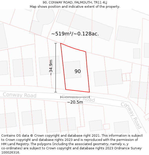 90, CONWAY ROAD, FALMOUTH, TR11 4LJ: Plot and title map