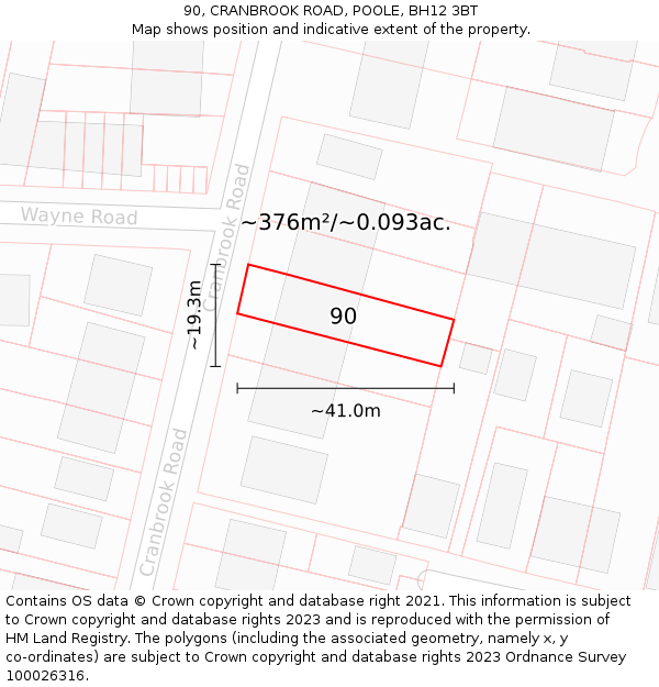 90, CRANBROOK ROAD, POOLE, BH12 3BT: Plot and title map