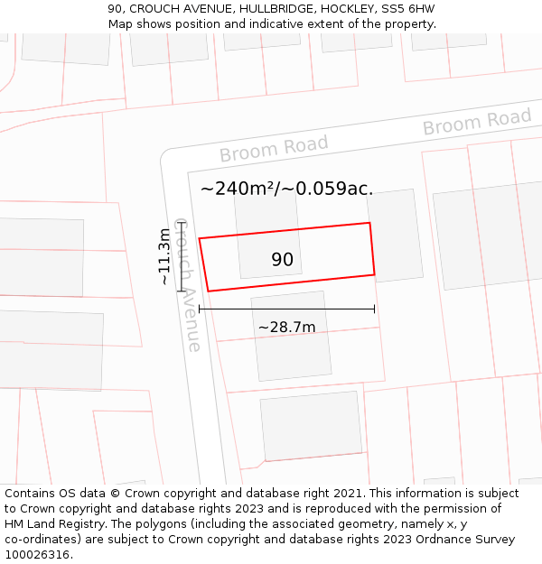 90, CROUCH AVENUE, HULLBRIDGE, HOCKLEY, SS5 6HW: Plot and title map