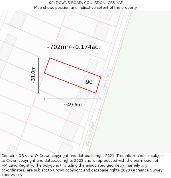 90, DOWNS ROAD, COULSDON, CR5 1AF: Plot and title map