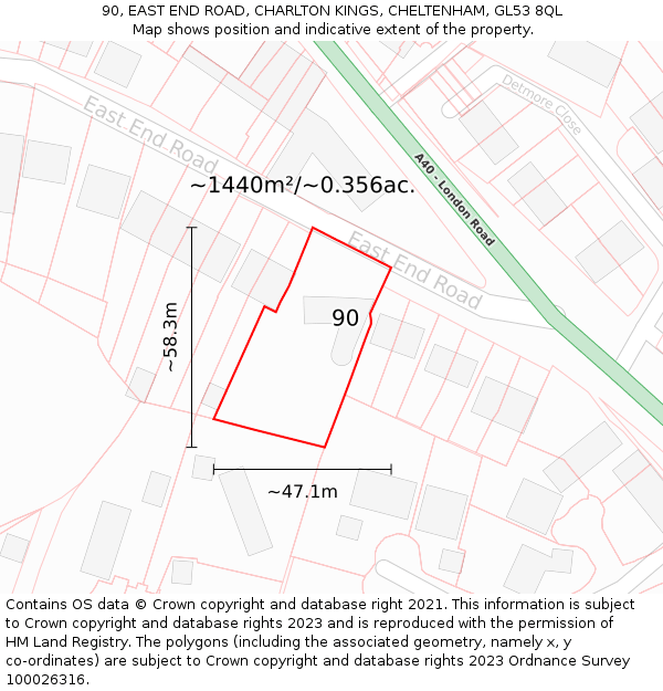 90, EAST END ROAD, CHARLTON KINGS, CHELTENHAM, GL53 8QL: Plot and title map