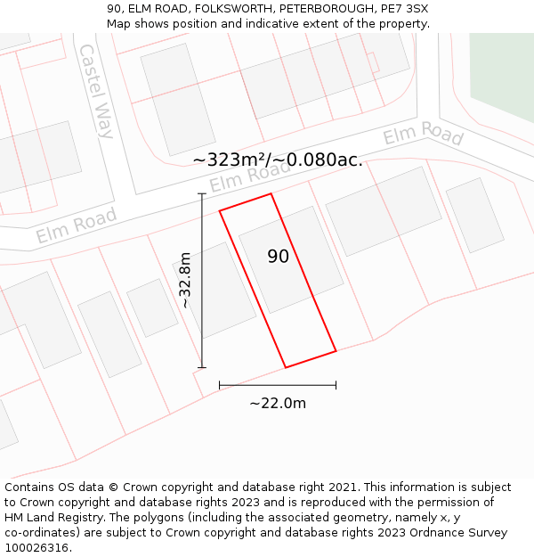 90, ELM ROAD, FOLKSWORTH, PETERBOROUGH, PE7 3SX: Plot and title map