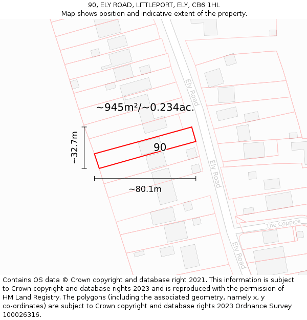 90, ELY ROAD, LITTLEPORT, ELY, CB6 1HL: Plot and title map