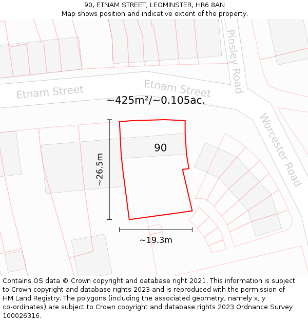 90, ETNAM STREET, LEOMINSTER, HR6 8AN: Plot and title map