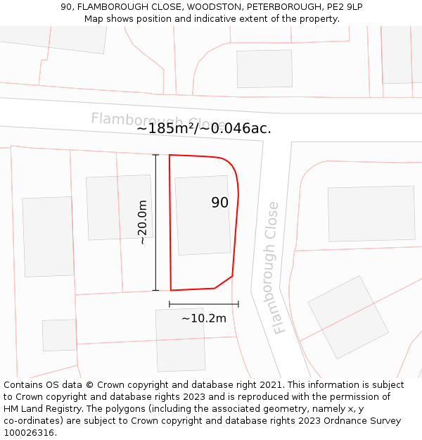 90, FLAMBOROUGH CLOSE, WOODSTON, PETERBOROUGH, PE2 9LP: Plot and title map