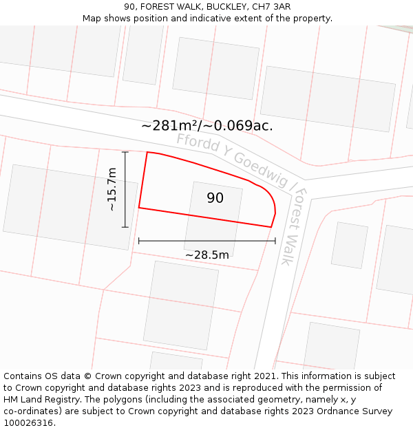 90, FOREST WALK, BUCKLEY, CH7 3AR: Plot and title map