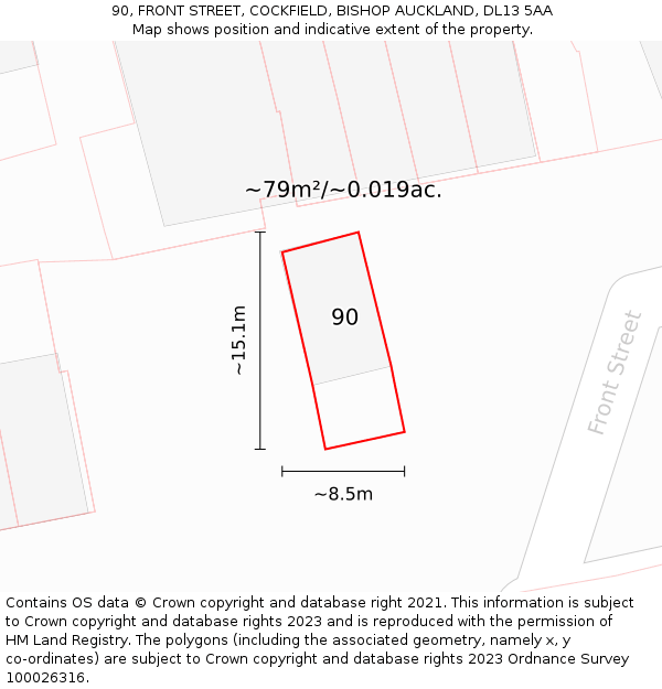 90, FRONT STREET, COCKFIELD, BISHOP AUCKLAND, DL13 5AA: Plot and title map