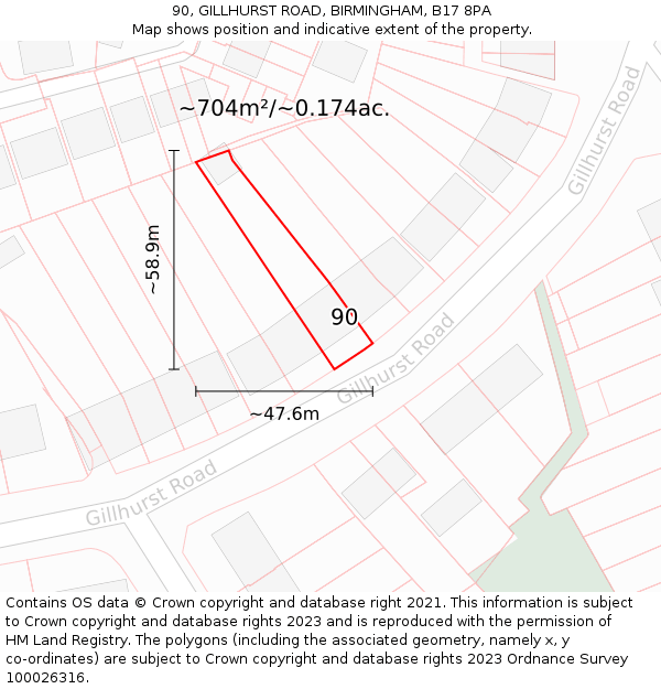 90, GILLHURST ROAD, BIRMINGHAM, B17 8PA: Plot and title map