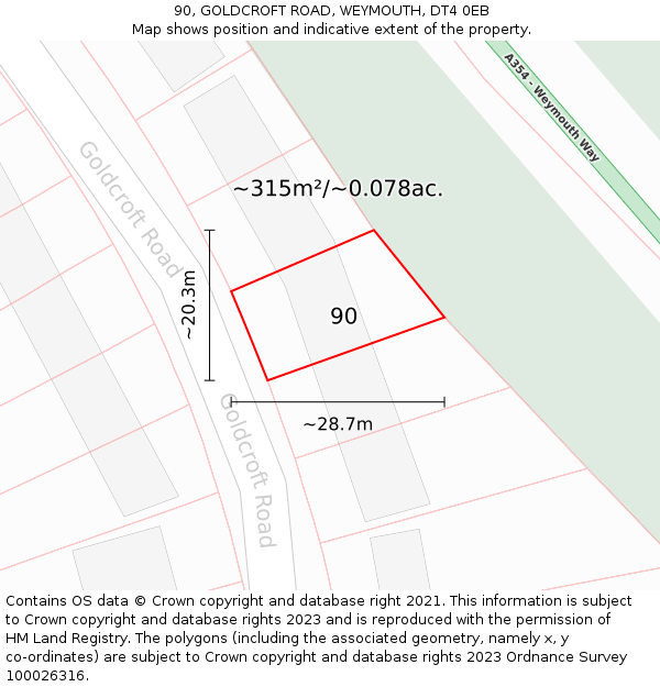 90, GOLDCROFT ROAD, WEYMOUTH, DT4 0EB: Plot and title map