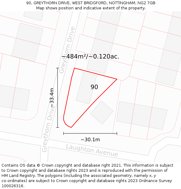 90, GREYTHORN DRIVE, WEST BRIDGFORD, NOTTINGHAM, NG2 7GB: Plot and title map