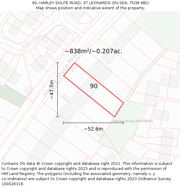 90, HARLEY SHUTE ROAD, ST LEONARDS-ON-SEA, TN38 8BU: Plot and title map