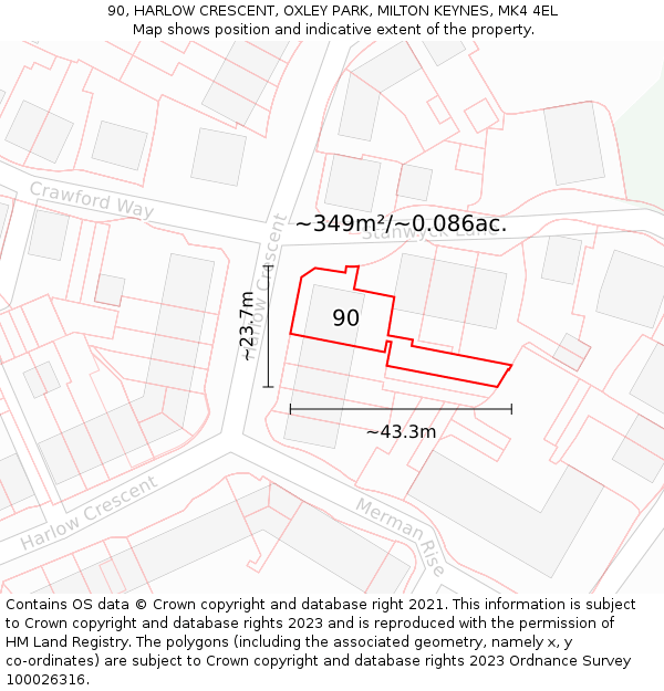 90, HARLOW CRESCENT, OXLEY PARK, MILTON KEYNES, MK4 4EL: Plot and title map