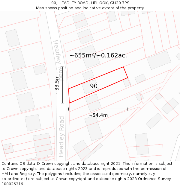 90, HEADLEY ROAD, LIPHOOK, GU30 7PS: Plot and title map