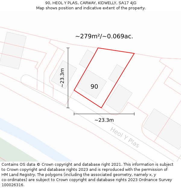 90, HEOL Y PLAS, CARWAY, KIDWELLY, SA17 4JG: Plot and title map