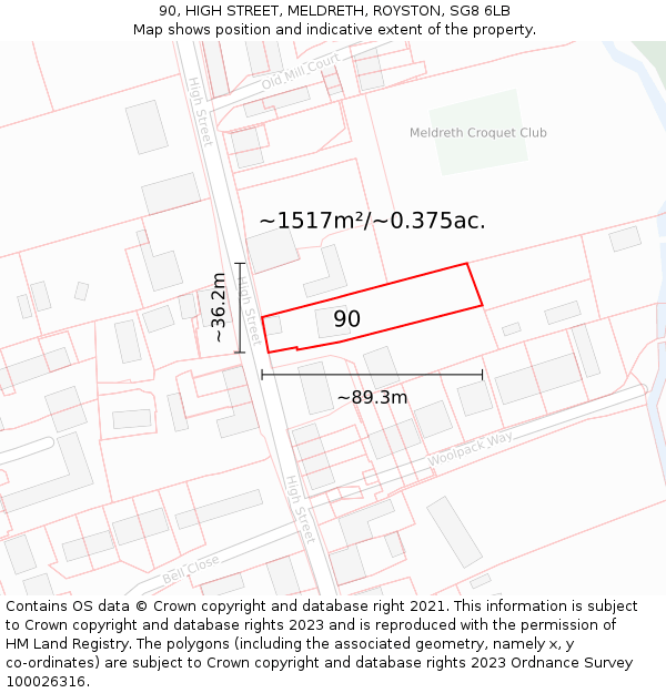 90, HIGH STREET, MELDRETH, ROYSTON, SG8 6LB: Plot and title map