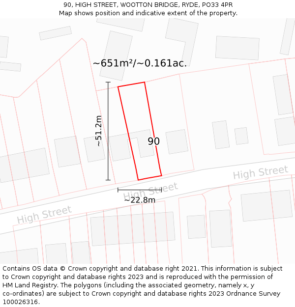 90, HIGH STREET, WOOTTON BRIDGE, RYDE, PO33 4PR: Plot and title map