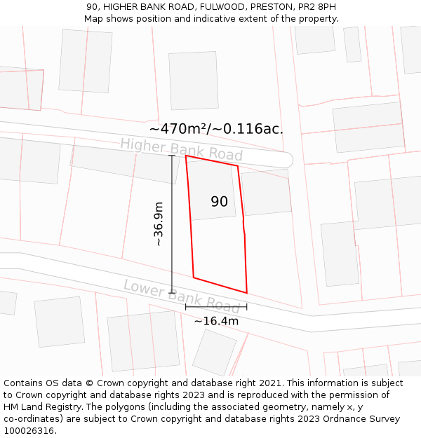 90, HIGHER BANK ROAD, FULWOOD, PRESTON, PR2 8PH: Plot and title map