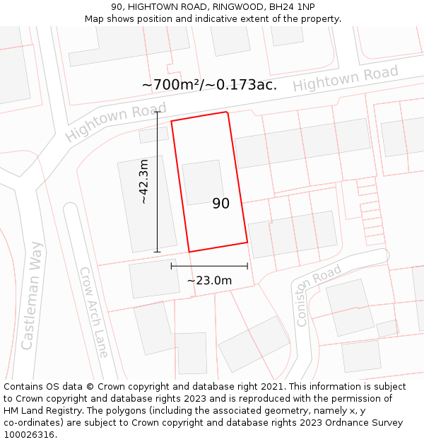 90, HIGHTOWN ROAD, RINGWOOD, BH24 1NP: Plot and title map