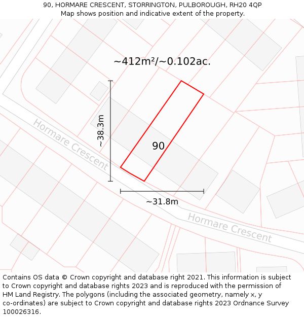 90, HORMARE CRESCENT, STORRINGTON, PULBOROUGH, RH20 4QP: Plot and title map
