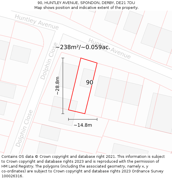 90, HUNTLEY AVENUE, SPONDON, DERBY, DE21 7DU: Plot and title map
