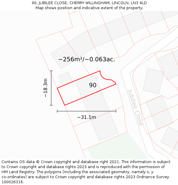 90, JUBILEE CLOSE, CHERRY WILLINGHAM, LINCOLN, LN3 4LD: Plot and title map