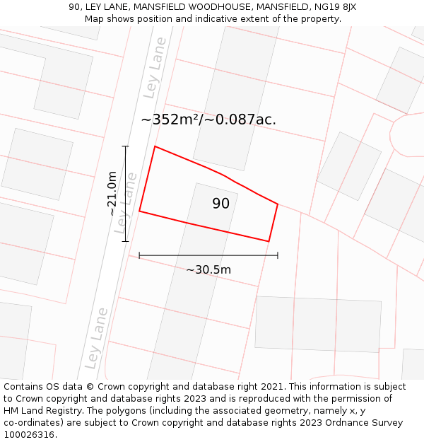 90, LEY LANE, MANSFIELD WOODHOUSE, MANSFIELD, NG19 8JX: Plot and title map