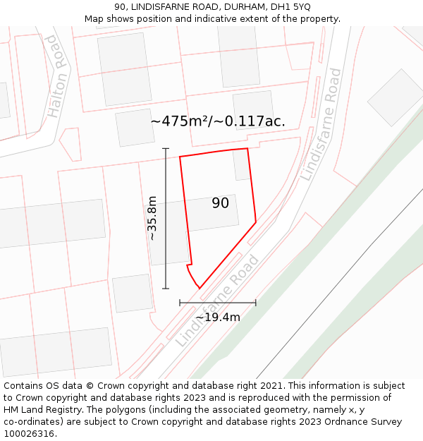 90, LINDISFARNE ROAD, DURHAM, DH1 5YQ: Plot and title map