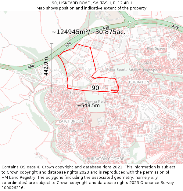 90, LISKEARD ROAD, SALTASH, PL12 4RH: Plot and title map