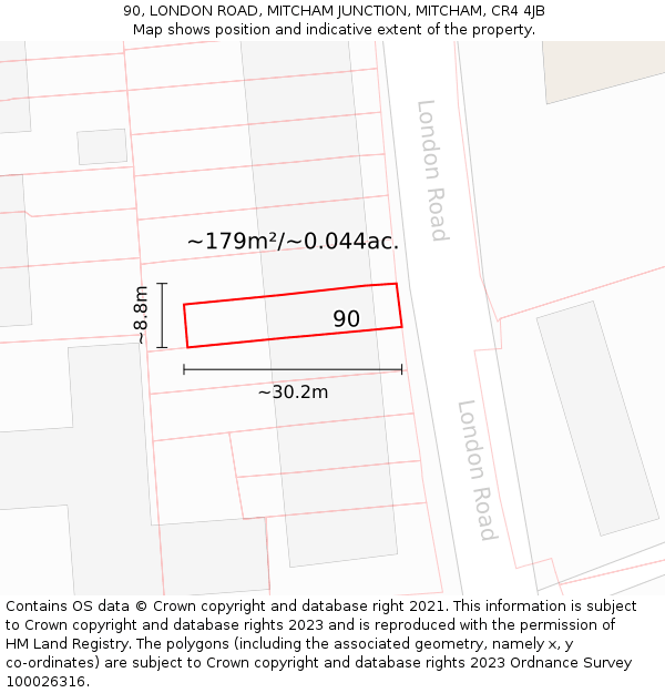 90, LONDON ROAD, MITCHAM JUNCTION, MITCHAM, CR4 4JB: Plot and title map