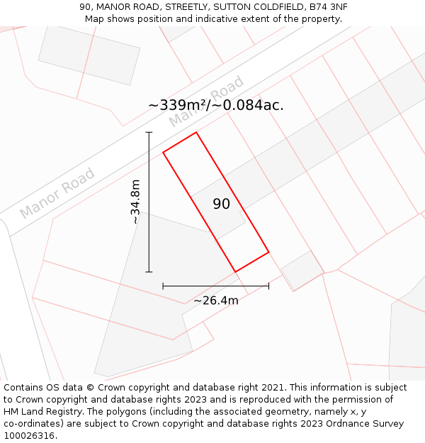 90, MANOR ROAD, STREETLY, SUTTON COLDFIELD, B74 3NF: Plot and title map