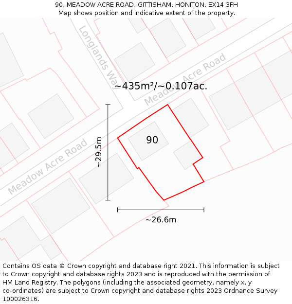 90, MEADOW ACRE ROAD, GITTISHAM, HONITON, EX14 3FH: Plot and title map