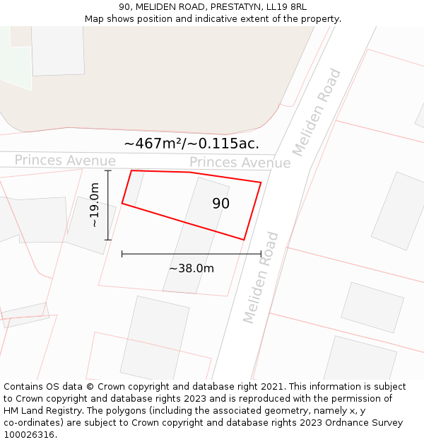 90, MELIDEN ROAD, PRESTATYN, LL19 8RL: Plot and title map