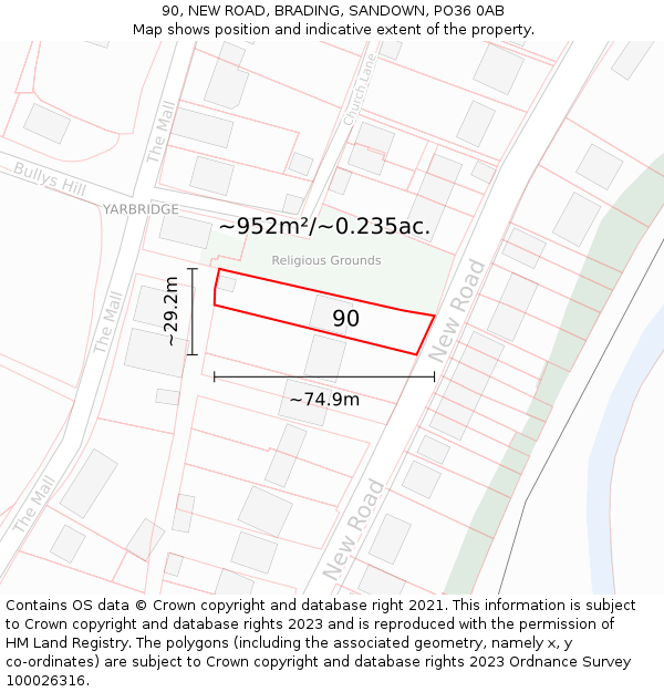 90, NEW ROAD, BRADING, SANDOWN, PO36 0AB: Plot and title map