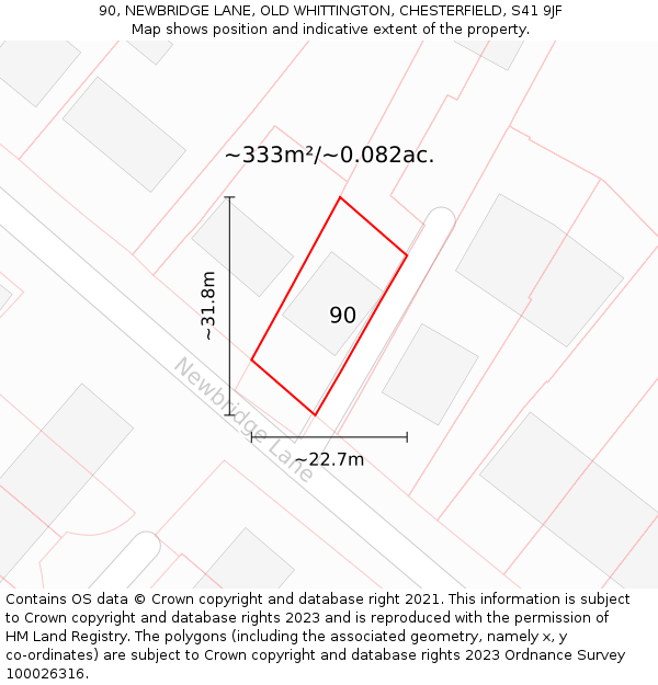 90, NEWBRIDGE LANE, OLD WHITTINGTON, CHESTERFIELD, S41 9JF: Plot and title map