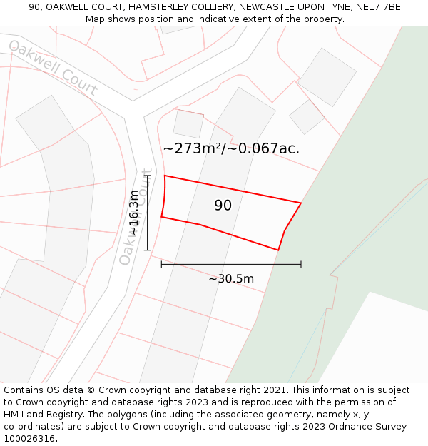 90, OAKWELL COURT, HAMSTERLEY COLLIERY, NEWCASTLE UPON TYNE, NE17 7BE: Plot and title map