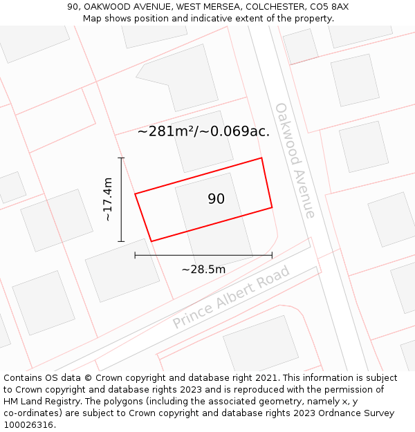 90, OAKWOOD AVENUE, WEST MERSEA, COLCHESTER, CO5 8AX: Plot and title map