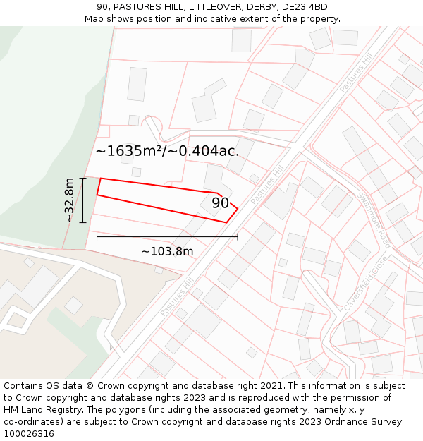 90, PASTURES HILL, LITTLEOVER, DERBY, DE23 4BD: Plot and title map