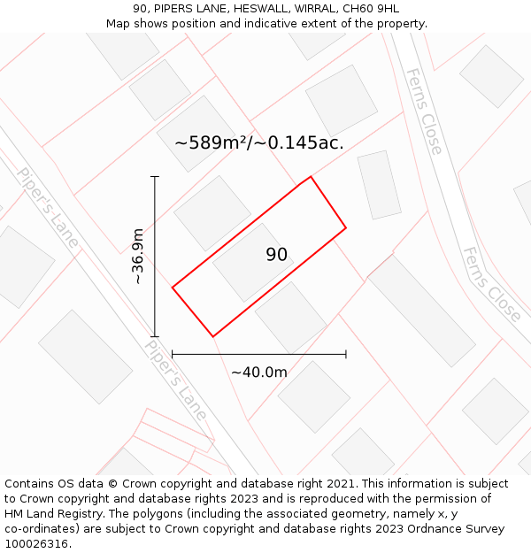 90, PIPERS LANE, HESWALL, WIRRAL, CH60 9HL: Plot and title map