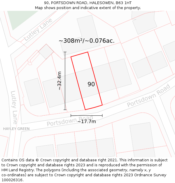 90, PORTSDOWN ROAD, HALESOWEN, B63 1HT: Plot and title map
