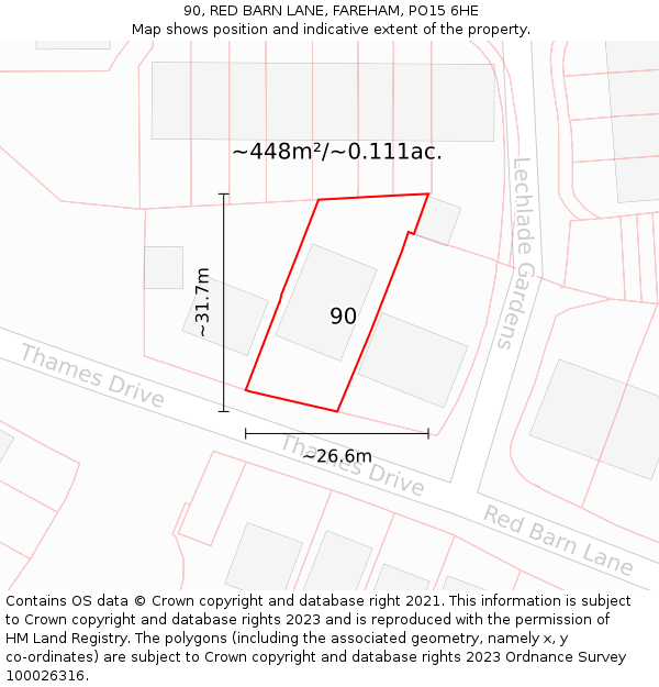 90, RED BARN LANE, FAREHAM, PO15 6HE: Plot and title map