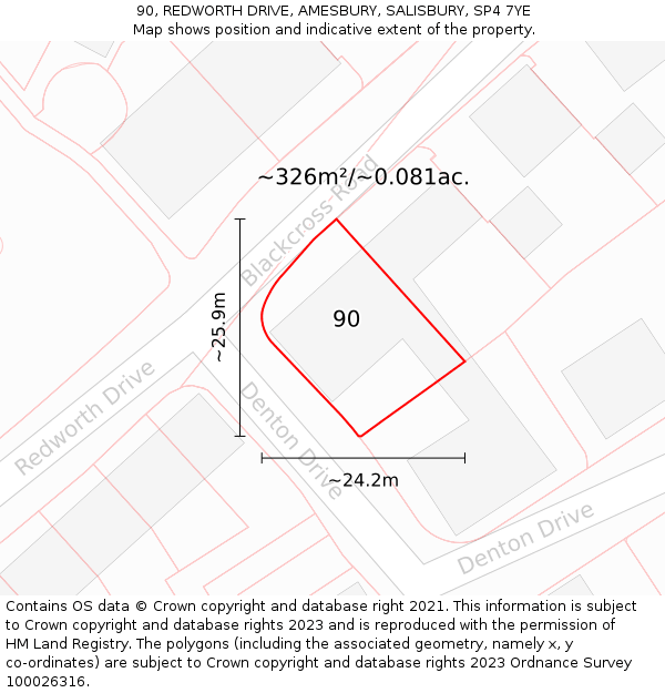 90, REDWORTH DRIVE, AMESBURY, SALISBURY, SP4 7YE: Plot and title map