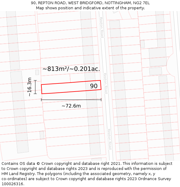 90, REPTON ROAD, WEST BRIDGFORD, NOTTINGHAM, NG2 7EL: Plot and title map