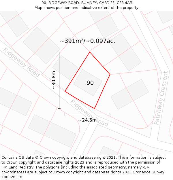 90, RIDGEWAY ROAD, RUMNEY, CARDIFF, CF3 4AB: Plot and title map