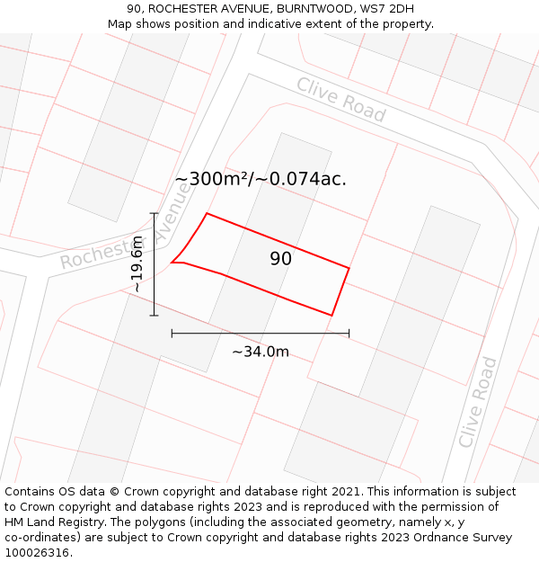 90, ROCHESTER AVENUE, BURNTWOOD, WS7 2DH: Plot and title map