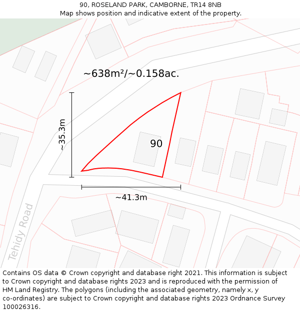 90, ROSELAND PARK, CAMBORNE, TR14 8NB: Plot and title map