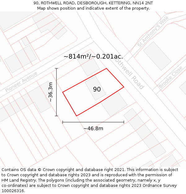 90, ROTHWELL ROAD, DESBOROUGH, KETTERING, NN14 2NT: Plot and title map