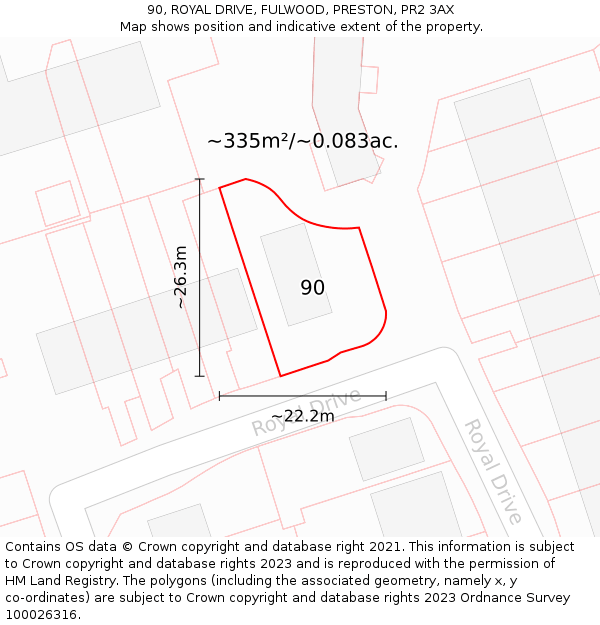 90, ROYAL DRIVE, FULWOOD, PRESTON, PR2 3AX: Plot and title map