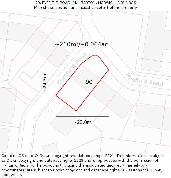 90, RYEFIELD ROAD, MULBARTON, NORWICH, NR14 8GS: Plot and title map