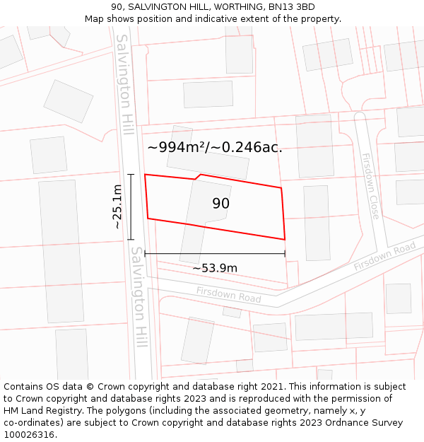 90, SALVINGTON HILL, WORTHING, BN13 3BD: Plot and title map