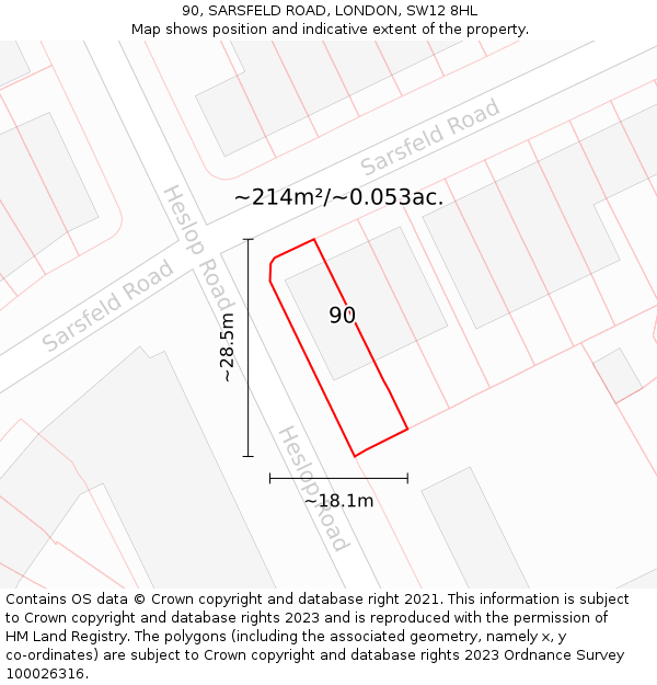 90, SARSFELD ROAD, LONDON, SW12 8HL: Plot and title map